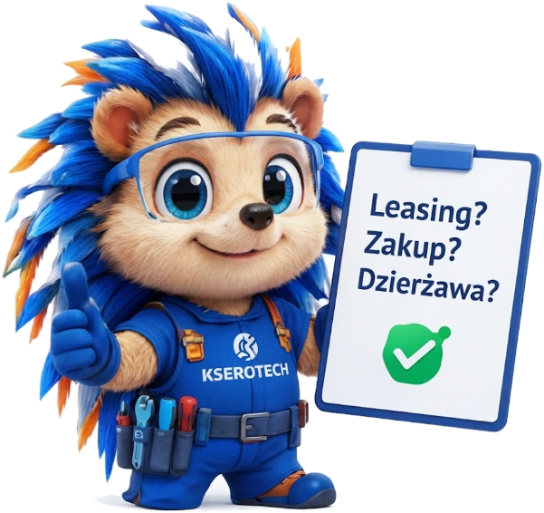 Ksertuś, maskotka KSEROTECH, z tabliczką: Leasing? Zakup? Dzierżawa?
