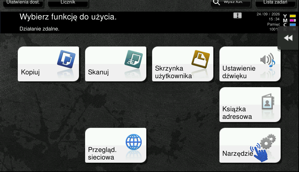 Menu Narzędzie na panelu kserokopiarki