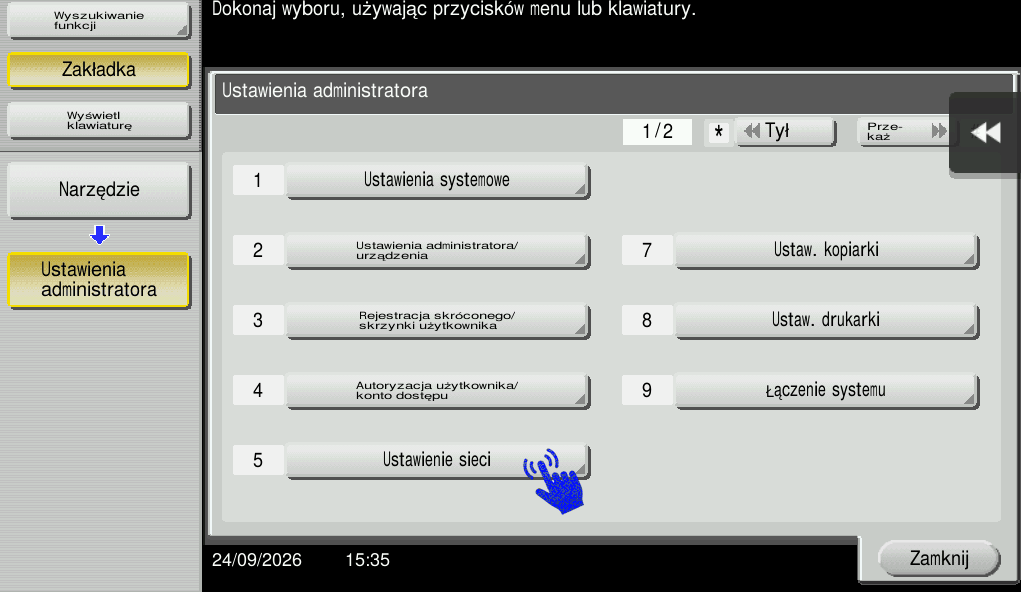 Menu ustawień sieciowych