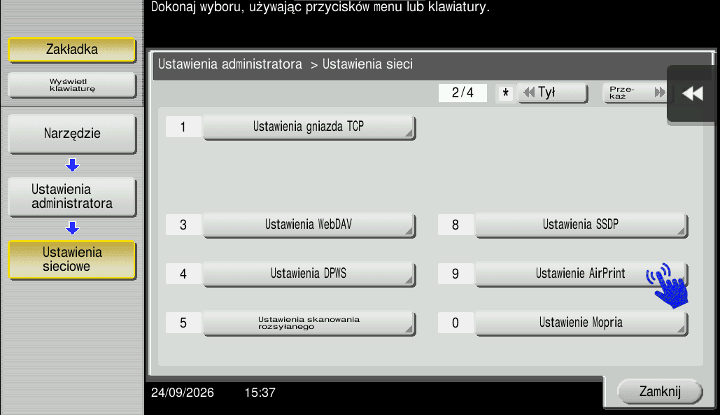Menu ustawień AirPrint