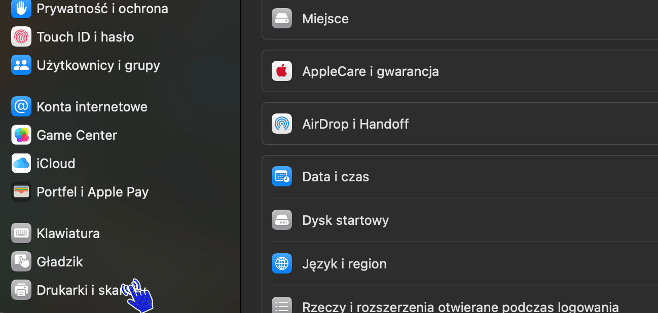 Sekcja Drukarki i skanery w macOS