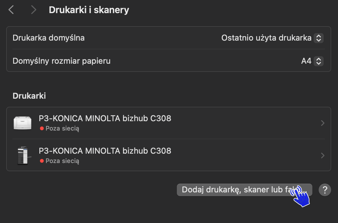 Dodawanie kserokopiarki Konica Minolta w macOS